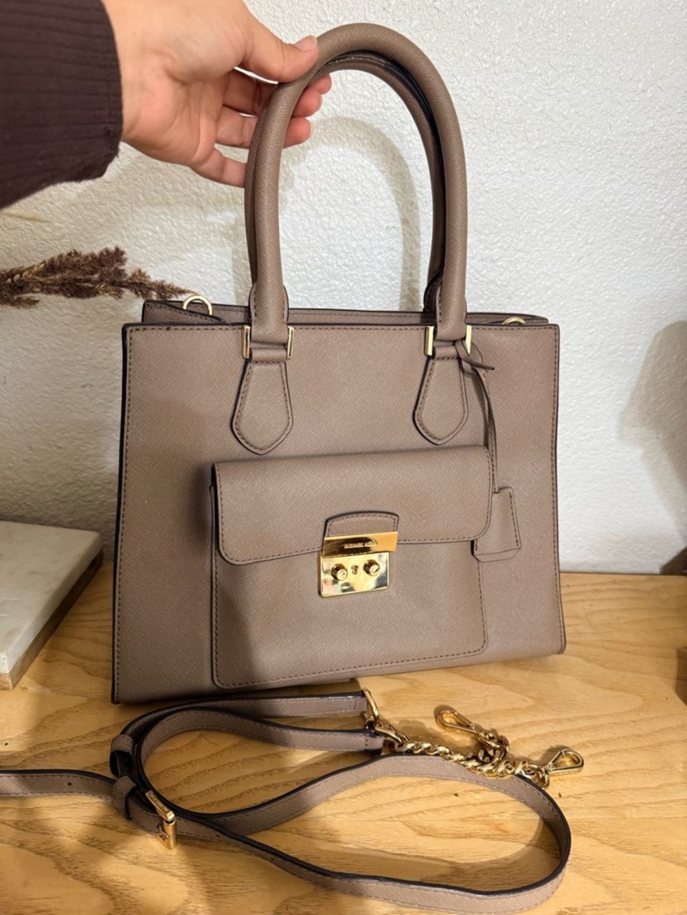 Michael Kors Taupe Saffiano Leather Tote with Gold Hardware